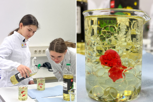 Links im Bild sind zwei Teilnehmerinnen zu sehen, wie sie ein Becherglas mit Speiseöl füllen. Rechts im Bild ist das gefüllte Glas und das darin enthaltene Acryl-Herz zu erkennen. The picture on the left shows two participants filling a beaker with cooking oil. The filled glass and the acrylic heart it contains can be seen on the right.