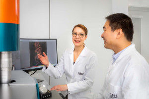 Prof. Dr. Anika Grüneboom und Dr. Jianxu Chen sprechen über Aufnahmen von Blutgefäßen im Unterkiefer der Maus.