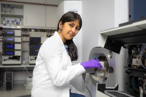 Susmita Ghosh at the ultrasensitive mass spectrometer.
