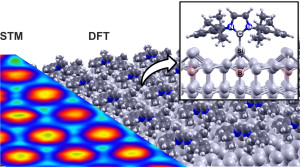 Vergleich der theoretisch berechneten Struktur (DFT, rechts) der geordneten NHC-Einzellage mit dem experimentellen Rastertunnelmikroskopie-Bild (STM, links). N: Stickstoff-, C: Kohlenstoff-, Si: Silizium-, B: Bor-Atom.